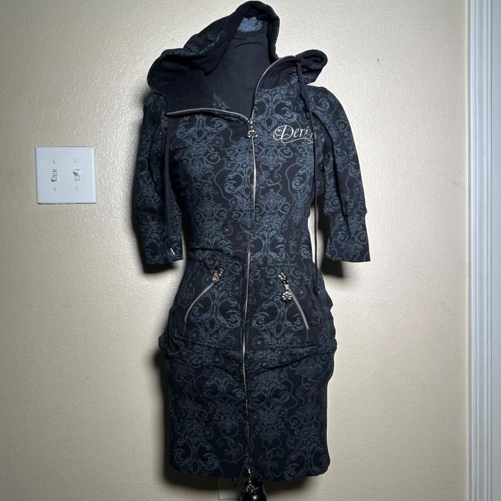 Dereon 2000s Baroque Y2K Zip Hoodie Dress Black Paisley Rhinestone Medium